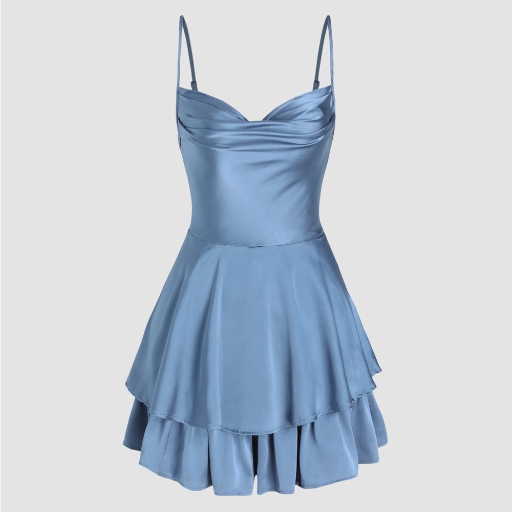 Elegant Blue Satin Romper Dress